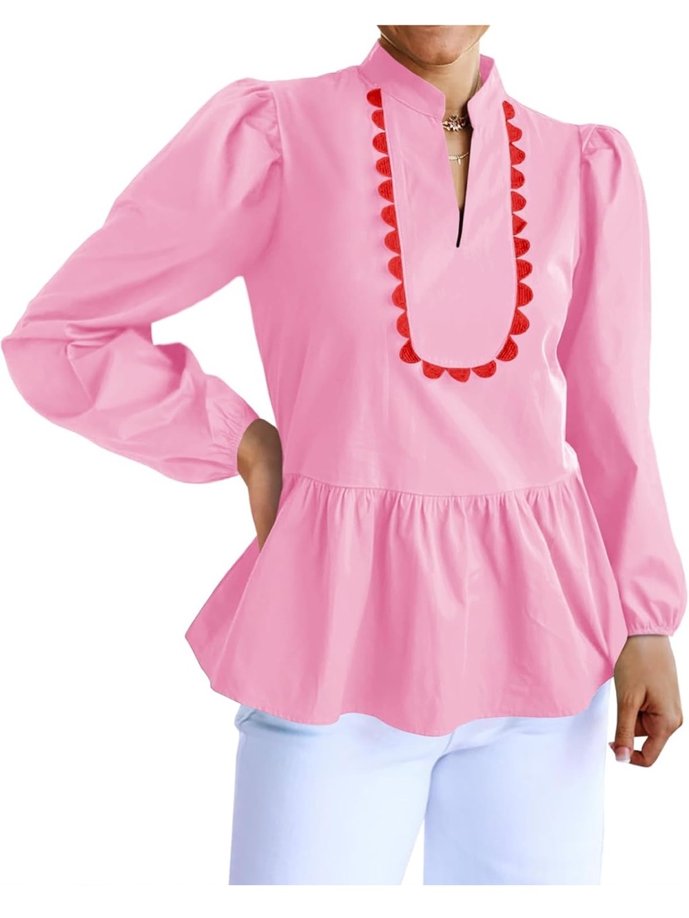 Women’s Pink Babydoll Peplum Long-Sleeve Blouse with Red Trim NWOT